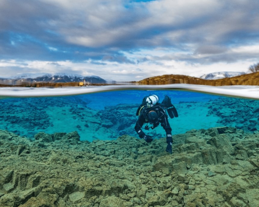 Diving in the open ocean in Iceland