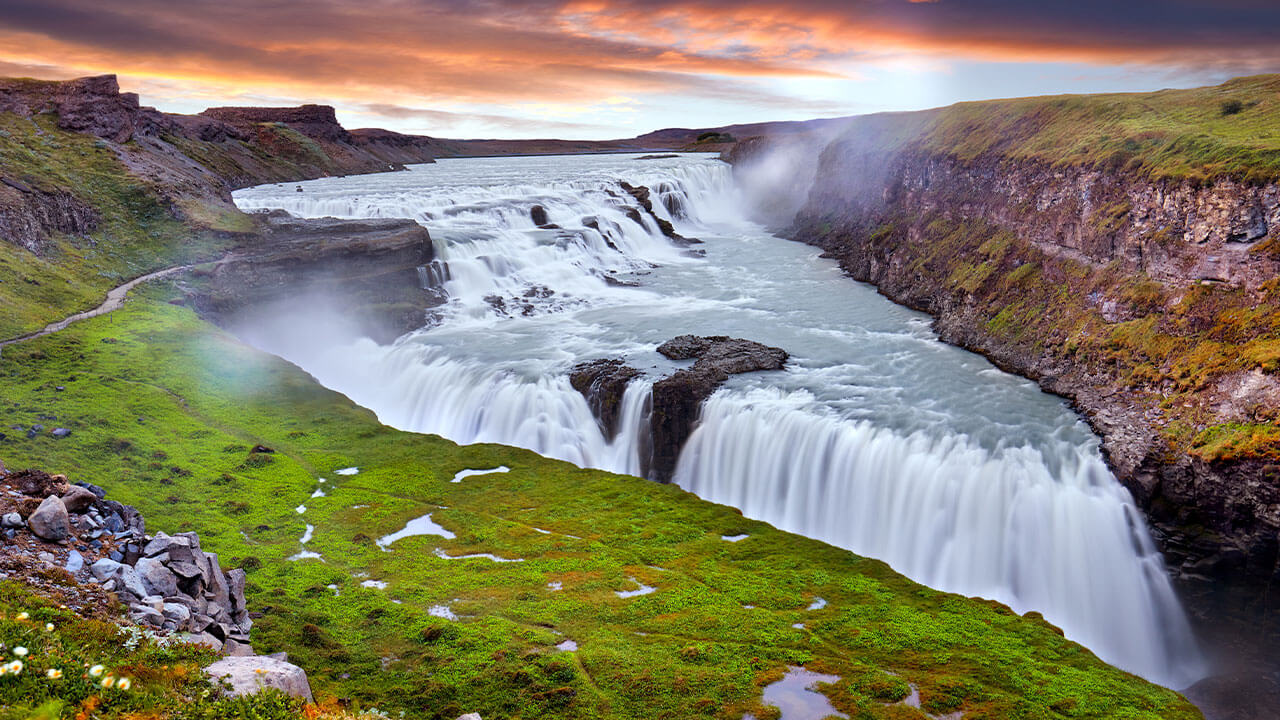 best waterfalls in iceland: Gullfoss waterfall a dramatic waterfall in southwest iceland, a short trip from the  ring road