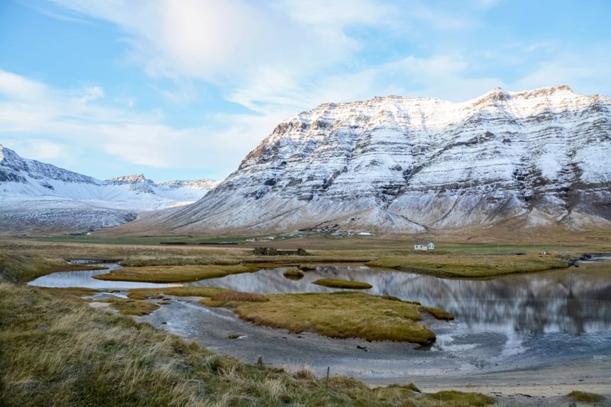 icelandic snowy mountains in a valley in the westfjords