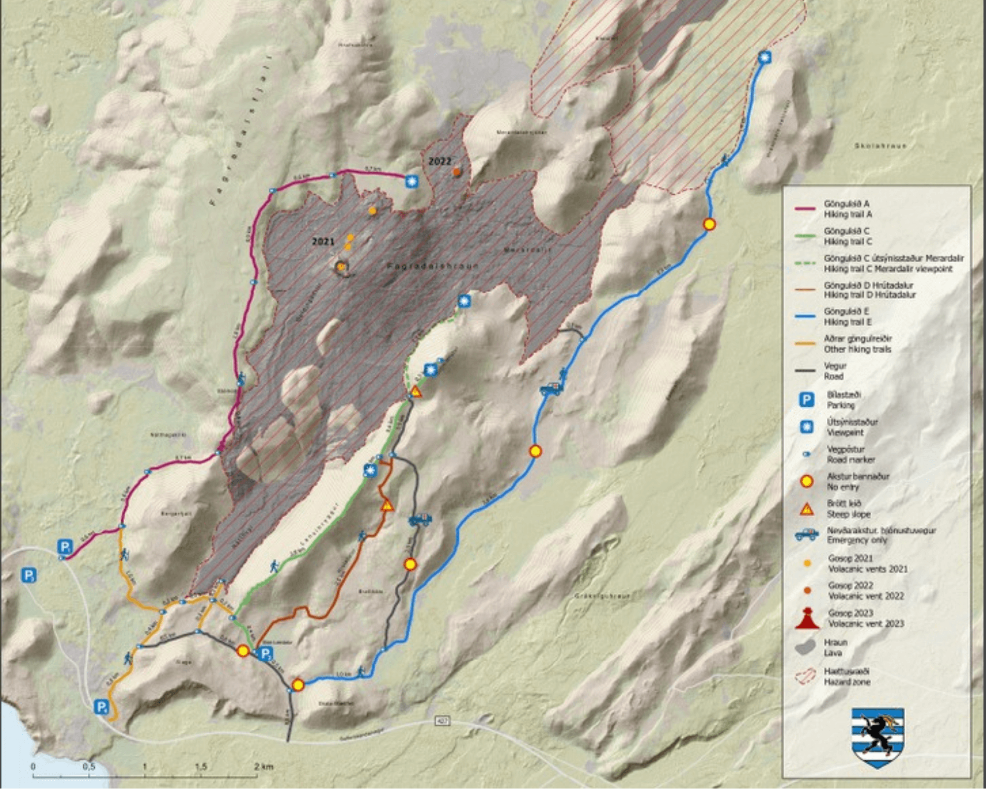 Map of Hikes and Parking for Accessing Litli-hrútur Crater Eruption 2023