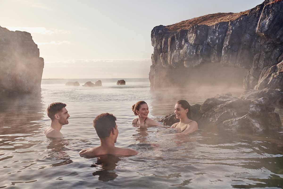 Friends at Sky Lagoon in Iceland