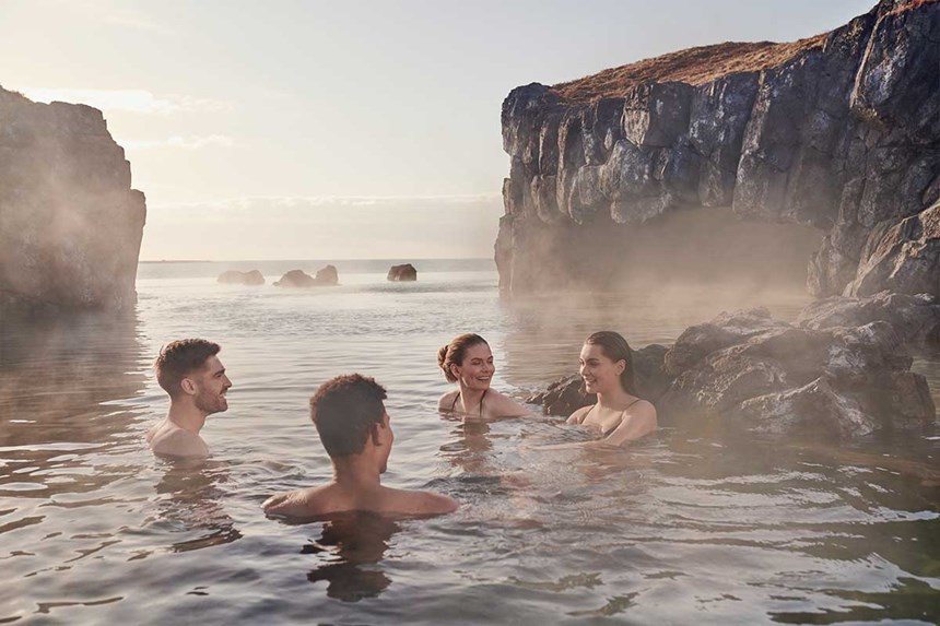Friends at Sky Lagoon in Iceland